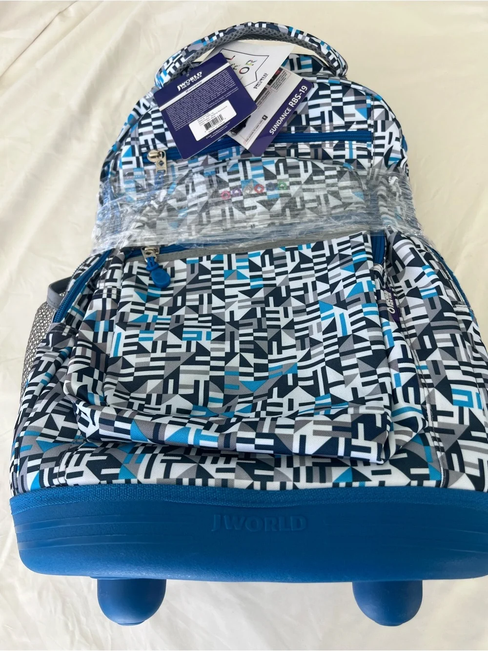 J World New York Sundance Rolling Backpack in Blue Geometric Print, NWT